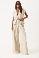 Kadın Geniş Paçalı Dökümlü Keten Pantolon - Naturel