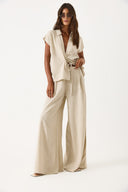 Kadın Geniş Paçalı Dökümlü Keten Pantolon - Naturel
