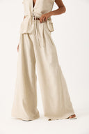 Kadın Geniş Paçalı Dökümlü Keten Pantolon - Naturel