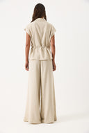 Kadın Geniş Paçalı Dökümlü Keten Pantolon - Naturel