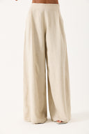 Kadın Geniş Paçalı Dökümlü Keten Pantolon - Naturel