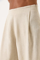 Kadın Geniş Paçalı Dökümlü Keten Pantolon - Naturel