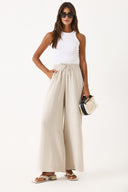 Kadın Gigi Yüksek Bel Wide Leg Müslin Pantolon %100 Pamuk - Taş