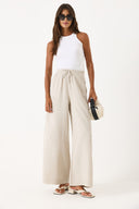 Kadın Gigi Yüksek Bel Wide Leg Müslin Pantolon %100 Pamuk - Taş