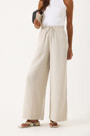 Kadın Gigi Yüksek Bel Wide Leg Müslin Pantolon %100 Pamuk - Taş