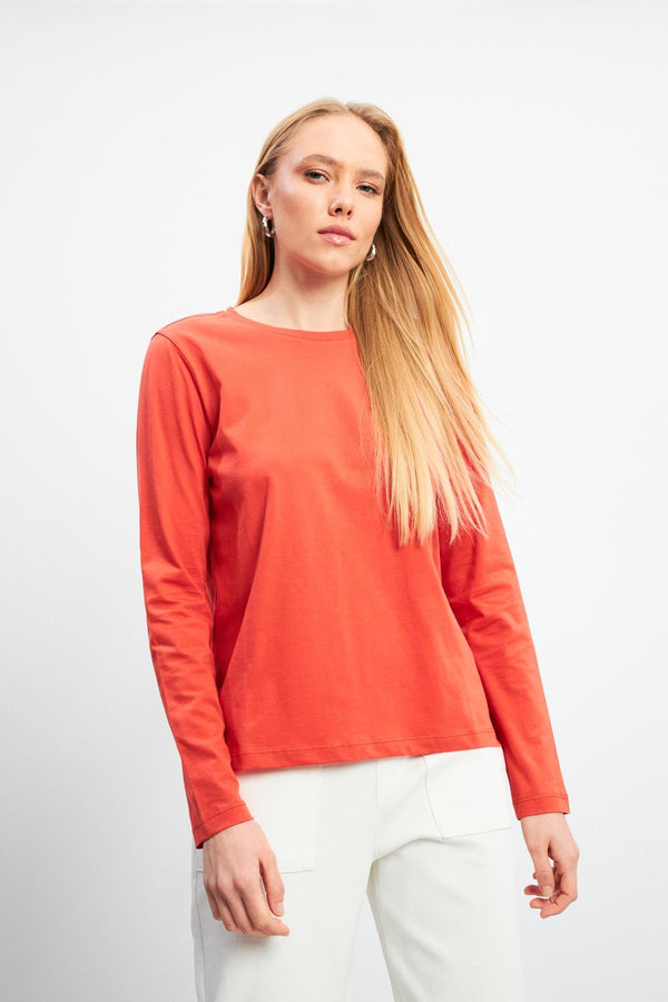 Kadın Gloria Terracotta Bisiklet Yaka Regular Fit Uzun Kollu Basic Tişört