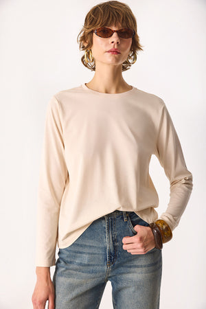 Kadın Gloria Bisiklet Yaka Regular Fit Uzun Kollu Tişört %100 Pamuk - Bej