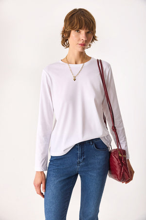 Kadın Gloria Bisiklet Yaka Regular Fit Uzun Kollu Tişört %100 Pamuk - Beyaz