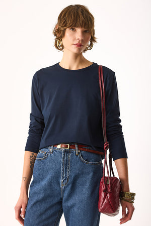 Kadın Gloria Bisiklet Yaka Regular Fit Uzun Kollu Tişört %100 Pamuk - Lacivert