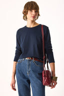 Kadın Gloria Bisiklet Yaka Regular Fit Uzun Kollu Tişört %100 Pamuk - Lacivert