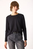 Kadın Gloria Bisiklet Yaka Regular Fit Uzun Kollu Tişört %100 Pamuk - Siyah