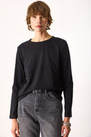 Kadın Gloria Bisiklet Yaka Regular Fit Uzun Kollu Tişört %100 Pamuk - Siyah