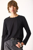 Kadın Gloria Bisiklet Yaka Regular Fit Uzun Kollu Tişört %100 Pamuk - Siyah