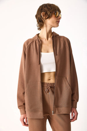 Kadın Grace Kapüşonlu Fermuarlı Regular Fit Basic Sweatshirt %100 Pamuk - Kahverengi