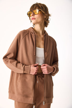 Kadın Grace Kapüşonlu Fermuarlı Regular Fit Basic Sweatshirt %100 Pamuk - Kahverengi