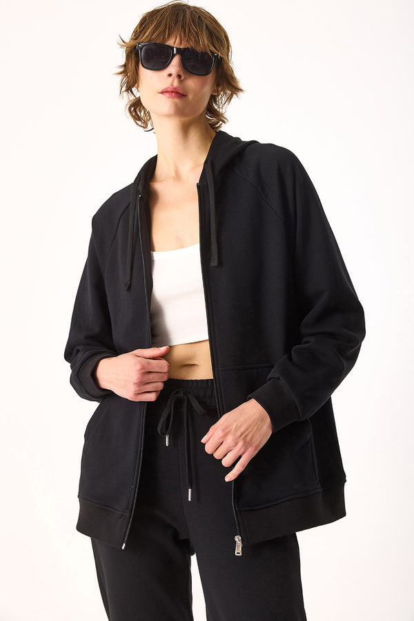 Grace Kapüşonlu Fermuarlı Regular Fit Basic Sweatshirt-SİYAH