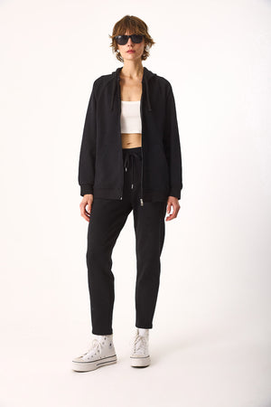 Kadın Grace Kapüşonlu Fermuarlı Regular Fit Basic Sweatshirt %100 Pamuk - Siyah