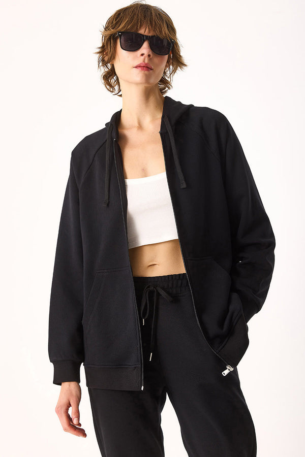 Grace Kapüşonlu Fermuarlı Regular Fit Basic Sweatshirt-SİYAH