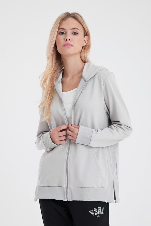 Kadın Gwen Gri Yanı Yırtmaçlı Fermuarlı Sweatshirt