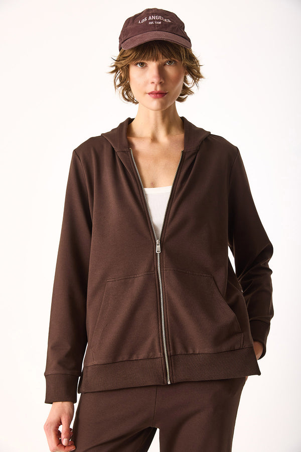 Gwen Yanı Yırtmaçlı Fermuarlı Sweatshirt-KAHVERENGİ