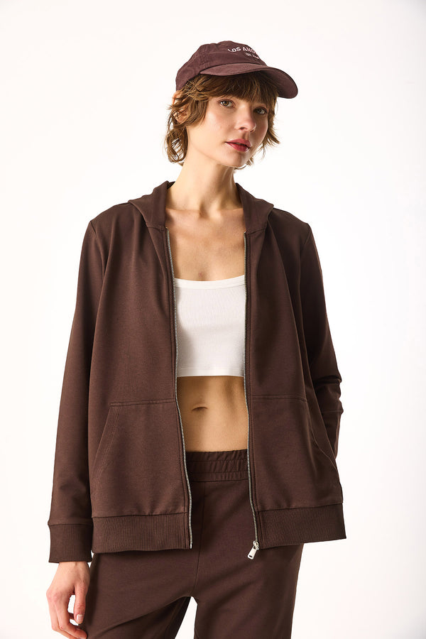 Gwen Yanı Yırtmaçlı Fermuarlı Sweatshirt-KAHVERENGİ
