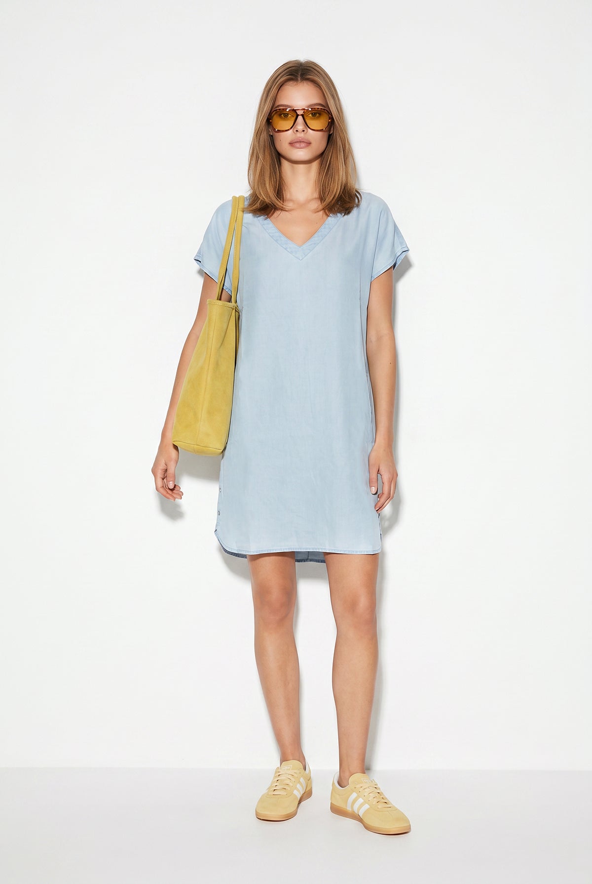 Helly Sky Blue V Yaka Kısa Kollu Jean Elbise(Tencel)(TM)-Sky Blue
