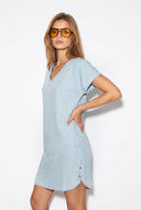 Helly Sky Blue V Yaka Kısa Kollu Jean Elbise(Tencel)(TM)-Sky Blue