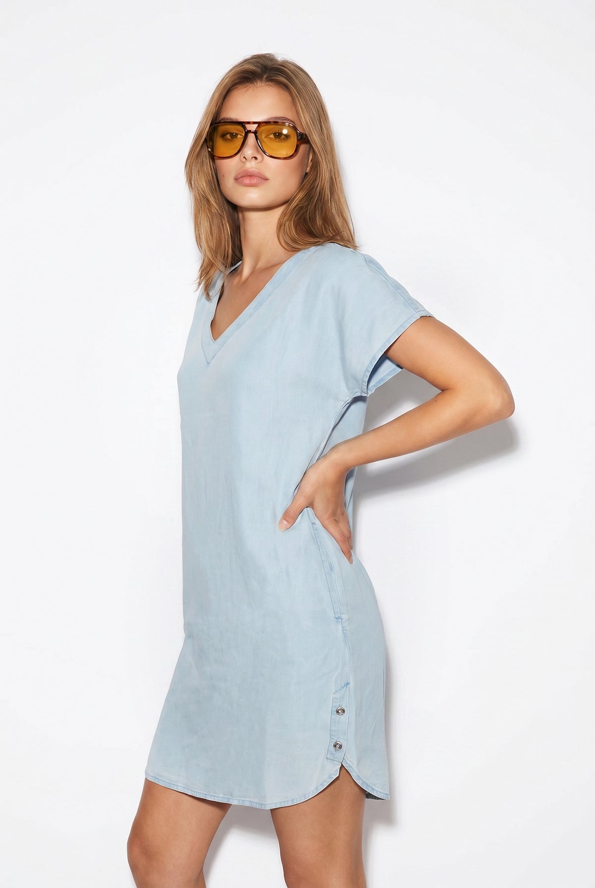 Helly Sky Blue V Yaka Kısa Kollu Jean Elbise(Tencel)(TM)-Sky Blue