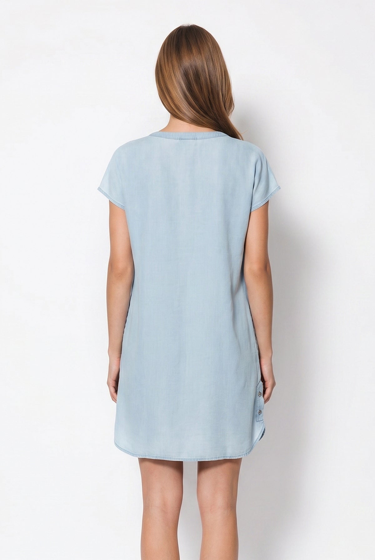 Helly Sky Blue V Yaka Kısa Kollu Jean Elbise(Tencel)(TM)-Sky Blue