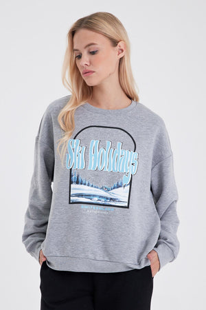 Kadın Holiday Baskılı Sweatshirt - Gri Melanj