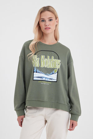 Kadın Holiday Baskılı Sweatshirt - Haki