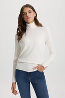 Kadın Janna Yarım Balıkçı Kolu Düğmeli Triko Kazak - Kemik