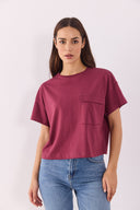 Kadın Jayla Cep Detaylı Bisiklet Yaka Tişört %100 Pamuk - Bordo