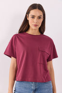 Kadın Jayla Cep Detaylı Bisiklet Yaka Tişört %100 Pamuk - Bordo