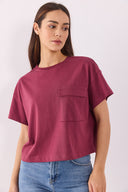 Kadın Jayla Cep Detaylı Bisiklet Yaka Tişört %100 Pamuk - Bordo
