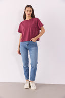 Kadın Jayla Cep Detaylı Bisiklet Yaka Tişört %100 Pamuk - Bordo