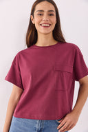 Kadın Jayla Cep Detaylı Bisiklet Yaka Tişört %100 Pamuk - Bordo