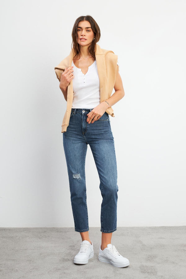 Kadın Jessica Dark Blue Mom Jean Pantolon