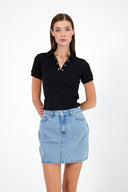 Kadın Jessica Polo Yakalı Kısa Kol Tişört - Siyah