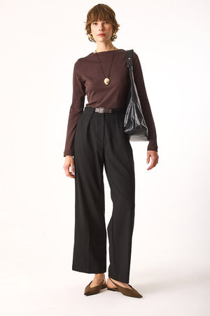 Kadın July Kayık Yaka Tişört %100 Pamuk - Kahverengi