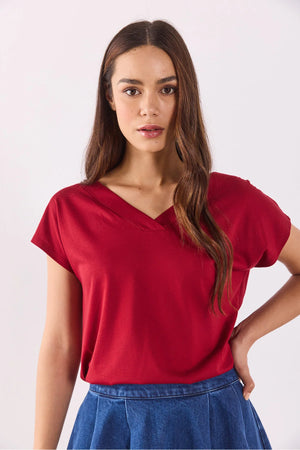 Kadın Almira V Yaka Sırtı Detaylı Modal Tişört Lyocell (Tencel™) - Bordo