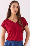 Kadın Almira V Yaka Sırtı Detaylı Modal Tişört Lyocell (Tencel™) - Bordo