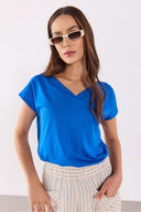 Kadın Almira V Yaka Sırtı Detaylı Modal Tişört Lyocell (Tencel™) - Safir