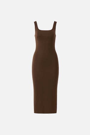 Kadın Amy Kare Yaka Slim Fit Örme Elbise (CUPRO) - Kahve