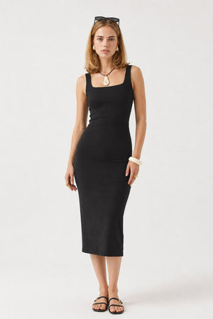 Kadın Amy Kare Yaka Slim Fit Örme Elbise (CUPRO) - Siyah