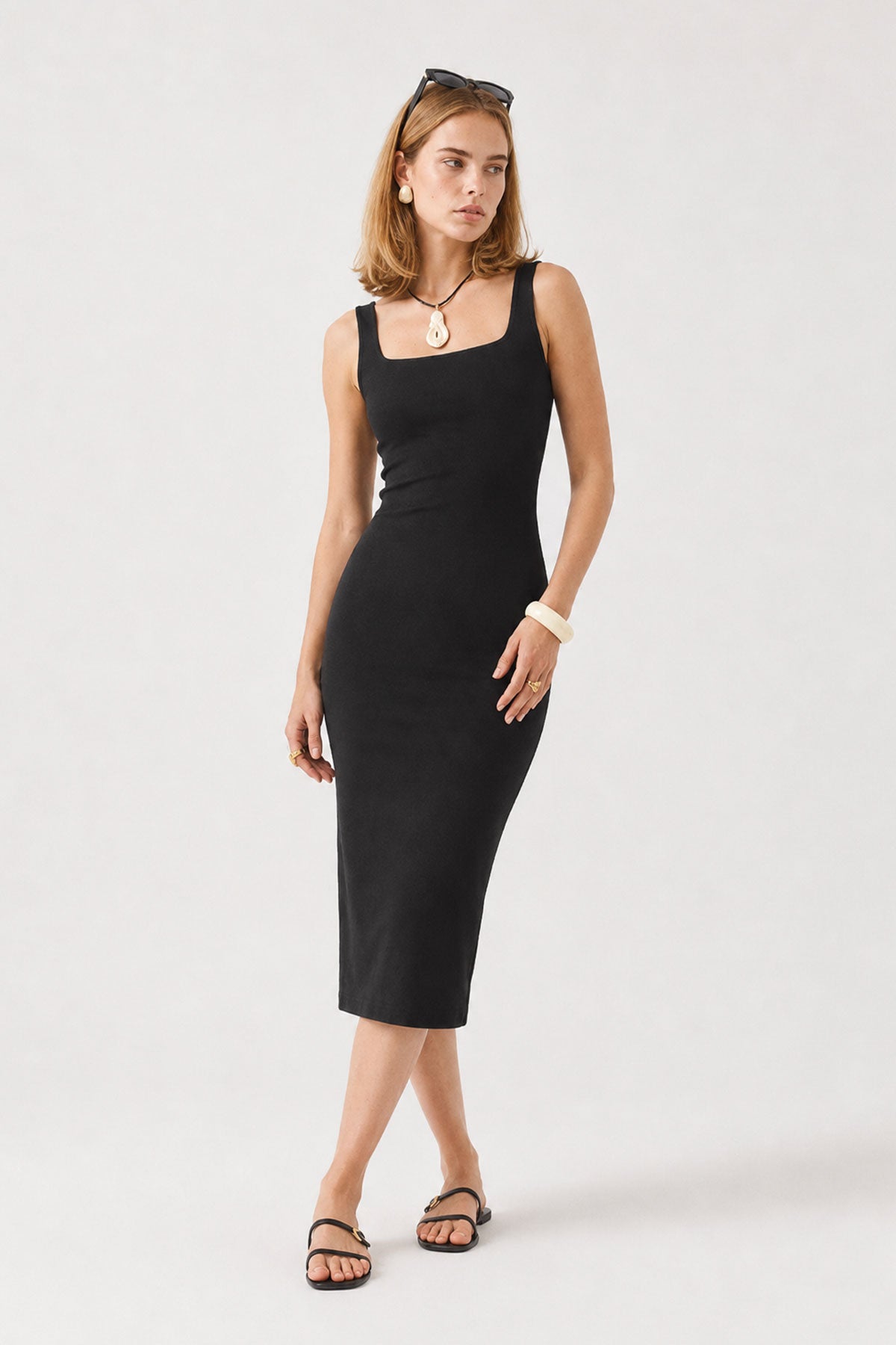 Kadın Amy Kare Yaka Slim Fit Örme Elbise (CUPRO) - Siyah