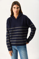Kadın Angelica Kapüşonlu Çizgili Regular Fit Triko Kazak - Lacivert - Antrasit Çizgili