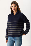 Kadın Angelica Kapüşonlu Çizgili Regular Fit Triko Kazak - Lacivert - Antrasit Çizgili
