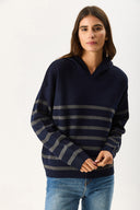 Kadın Angelica Kapüşonlu Çizgili Regular Fit Triko Kazak - Lacivert - Antrasit Çizgili