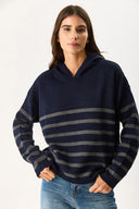 Kadın Angelica Kapüşonlu Çizgili Regular Fit Triko Kazak - Lacivert - Antrasit Çizgili